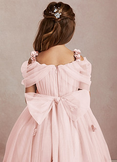 Azazie Shaylee Jurken voor bloemenmeisjes A-Lijn Jurk van Tule Off the Shoulder Blozend Roze image5