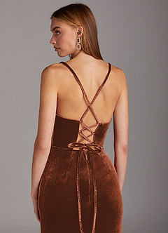 Azazie Kindness Bridesmaid Dresses Terracotta Sheath Cowl Neckline Corset Velvet Dress image5