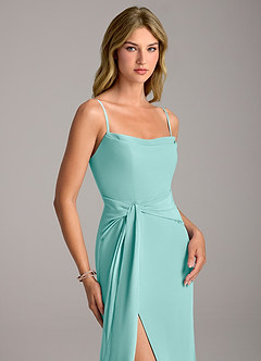 Azazie Tahlia Bridesmaid Dresses Aqua A-Line with Belt Chiffon Dress image2