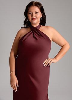 Azazie Lorena Bridesmaid Dresses Cabernet Mermaid Pleated Stretch Satin Dress image12