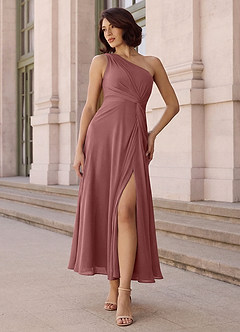 Azazie Brooke Abiti da Damigella Abito A-Line in Chiffon Monospalla Rosa Del Deserto image2