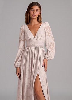 Azazie Norah Vestidos de damas de honor Vestido de Rosa Rubor de Devorado Floral de Corte en A con Manga larga image7