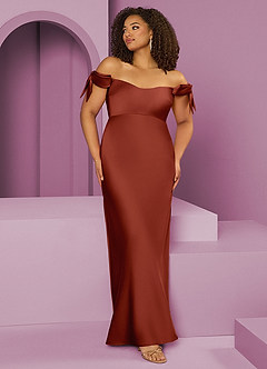 Barbie ♥ Azazie Bridesmaid Dresses Terracotta Sheath Off the Shoulder Stretch Satin Convertible Dress image1