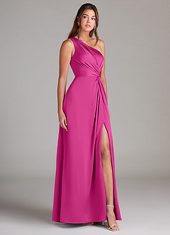 Azazie Brooke Bridesmaid Dresses Fuchsia A-Line One Shoulder Stretch Satin Dress image10