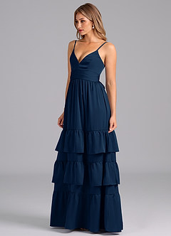 Azazie Nathalia Bridesmaid Dresses Dark Navy A-Line Pleated Stretch Satin Dress image4