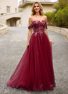 Eleanor Burgundy 3D Floral Lace Prom Dress image4