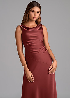 Azazie Nerine Bridesmaid Dresses Terracotta A-Line Pleated Stretch Satin Dress image6
