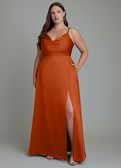 Azazie Sarella Bridesmaid Dresses Burnt Orange A-Line Pleated Stretch Satin Dress image10
