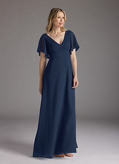 Azazie Alessa Mother of the Bride Dresses Dark Navy A-Line V-Neck Pleated Chiffon Dress image1