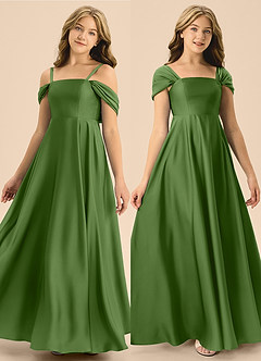 Azazie Rowena Junior Basil A-Line Bow Stretch Satin Dress image1