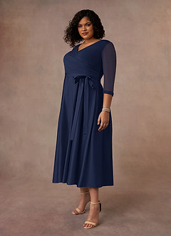 Azazie Maritza Mother of the Bride Dresses Dark Navy A-Line Pleated Matte Satin Dress image2