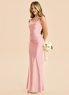 Azazie Agustina Junior Powder Pink Sheath Pleated Stretch Satin Dress image5