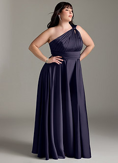 Azazie Charlize Robes de demoiselle d'honneur Robe Trapèze en Satin extensible Ue épaule Bleu Orageux image12