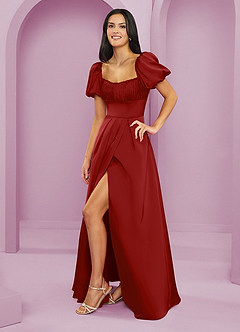 Barbie ♥ Azazie Bridesmaid Dresses Pomegranate A-Line Ruched Stretch Satin Dress image3