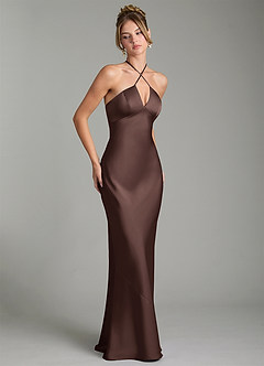Azazie Camille Robes de demoiselle d'honneur Robe Fourreau en Satin extensible Fente Latérale Ganache image3