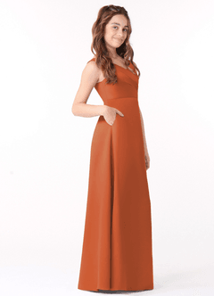Azazie Sadia Junior Cinnamon A-Line Pleated Stretch Satin Dress image2
