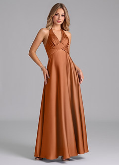 Azazie Tessie Bridesmaid Dresses Copper A-Line Pleated Stretch Satin Dress image5