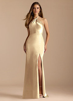 Azazie Tracie Bridesmaid Dresses Gold A-Line Pleated Metallic Satin Dress image1