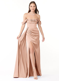 Azazie Amyra Bridesmaid Dresses Rose Gold Sheath Off the Shoulder Stretch Satin Convertible Dress image1