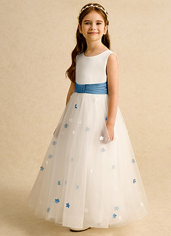 Azazie Cricket vestidos de niña de las flores Vestido de Marfil Azul Acero de Satin Mate de Princesa con Plisado image5