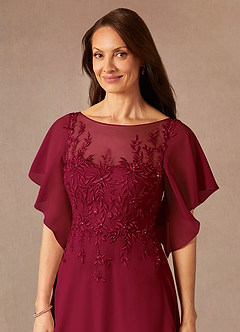Azazie Faviola vestidos de madre de la novia Vestido de Borgoña de Gasa de Corte En A con Cuello barco lentejuelas image6