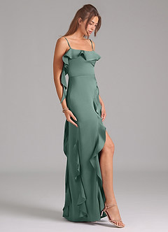Azazie Malia Bridesmaid Dresses Eucalyptus A-Line Side Slit Stretch Satin Dress image5