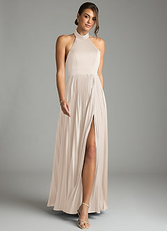 Azazie Zienna 신부 들러리 드레스 A라인 주름진 스트레치 새틴 바닥 길이 드레스 image4