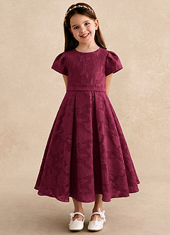 Azazie Princes Flower Girl Dresses Burgundy A-Line Pleated Floral Burnout Dress image4