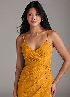 Azazie Maci Bridesmaid Dresses Butterscotch Sheath Pleated Floral Burnout Dress image5