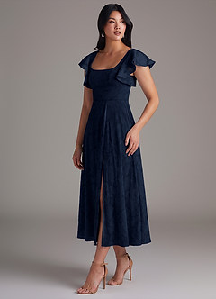 Azazie Bondi Bridesmaid Dresses Dark Navy A-Line Ruched Floral Burnout Dress image3