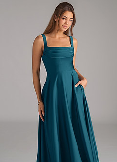Azazie Shaude Bridesmaid Dresses Ink Blue A-Line Pleated Stretch Satin Dress image2