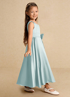 Azazie Lindy Flower Girl Dresses Sea Glass A-Line Pleated Matte Satin Dress image5