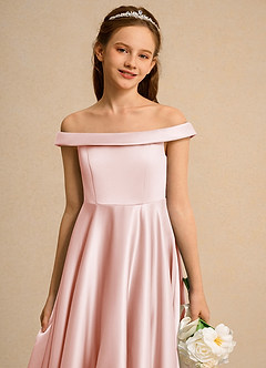 Azazie Teeny Girls Formal Vente Finale Robe Trapèze en Mat Satiné Plissée Rose Pâle image7