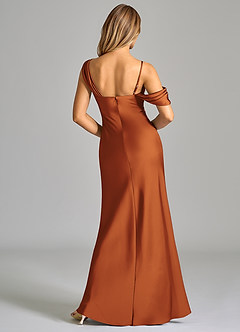 Azazie Celina Bridesmaid Dresses Cinnamon Sheath Off the Shoulder Stretch Satin Dress image2