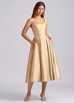 Azazie Amalie Bridesmaid Dresses Champagne A-Line Pleated Stretch Satin Dress image3