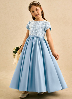 Azazie Cashew Blumenmädchenkleider Ballkleid mit ärmel Matte Satin Kleid Puderblau image3