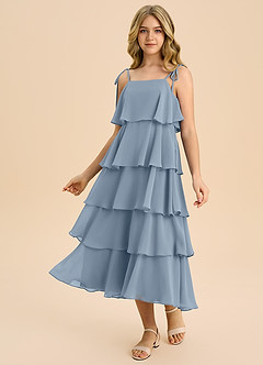 Azazie Shortcake Junior Jurk van Chiffon met A-Lijn Boog Stoffig Blauw image5