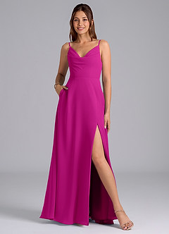Azazie Sarella Bridesmaid Dresses Fuchsia A-Line with Pockets Chiffon Dress image1