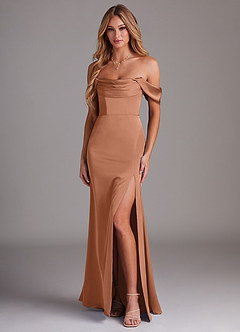 Azazie Saige Jurken voor bruidsmeisjes Jurk van Stretch Satijn met Kolom Off the Shoulder Bronzeertint image1