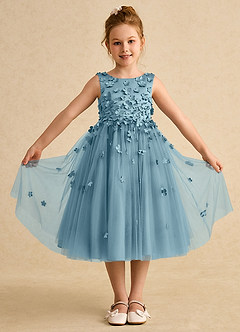 Azazie Lana Blumenmädchenkleider A-Linie ärmellos Matte Satin Kleid Stimmungsvolles Blau image1