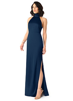Azazie x Delaney Bridesmaid Dresses Dark Navy Sheath High Neck Stretch Satin Dress image2