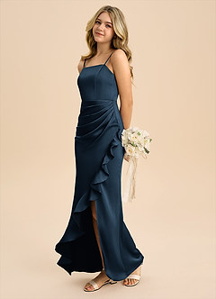 Azazie Buzzy Junior Dark Navy Sheath Pleated Stretch Satin Dress image6