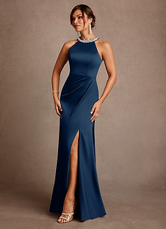 Azazie Lawrence Mother of the Bride Dresses Dark Navy A-Line Pleated Stretch Satin Dress image2