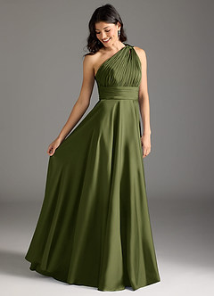 Azazie Charlize Bridesmaid Dresses Olive A-Line One Shoulder Stretch Satin Dress image2