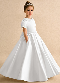 Azazie Gabriella Flower Girl Dresses White Ball-Gown with Sleeves Matte Satin Dress image3