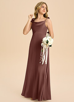 Azazie Gumdrop Junior Espresso Empire Pleated Stretch Satin Dress image4