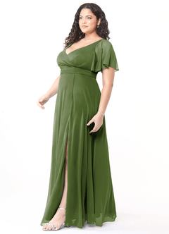 Azazie Induh Bridesmaid Dresses Olive A-Line Flutter V-neck Mesh Dress image9