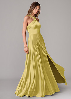 Azazie Afra Abiti da Damigella Abito A-Line in Raso Elasticizzato Plissettato Canarino image3