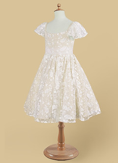 Azazie Delia Robe Demoiselle D'honneur Fillette Robe Trapèze en Dentelle Diamant Blanc Champagne image6