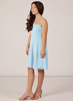 Azazie Kalie Junior Sky Blue A-Line with Belt Chiffon Dress image3